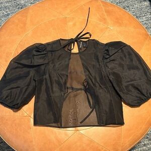 Divided Black Sheer Puff Sleeve tie top